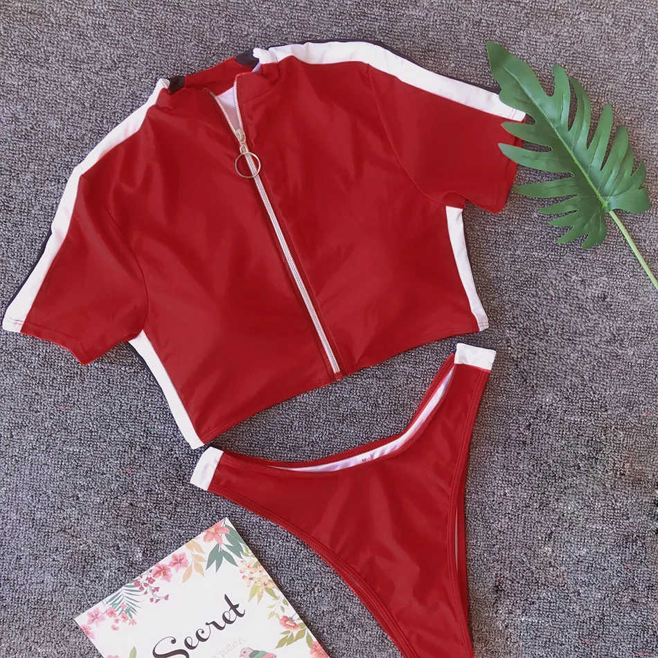 Женский купальник с короткими рукавами однотонный подкладкой пуш ап на молнии