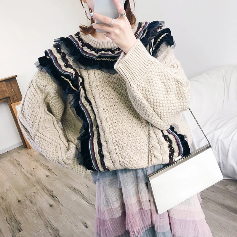 Большой размер большой бисер жемчуг зимний свитер для женщин VintageThicken шерстяной