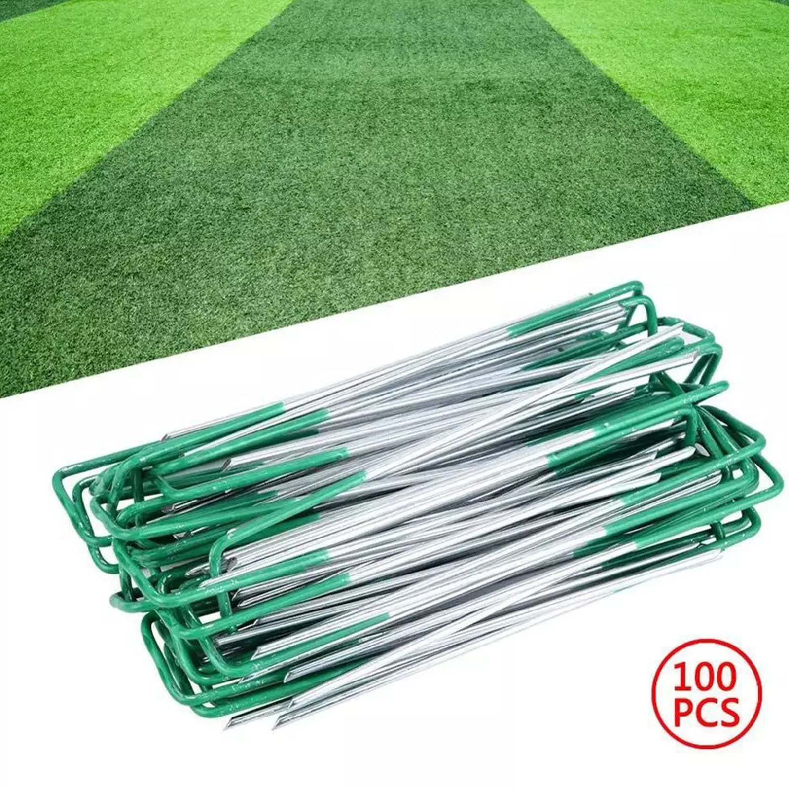 

6-inch Strong Steel Green Coated U-shaped Artificial Grass Fixed Staples Nail Film Fixed Pegs Gardening Fixing Tool Film Peg 100
