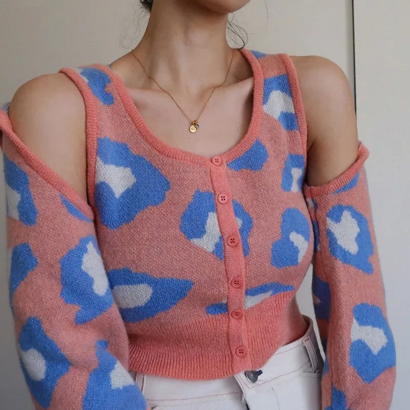 

Puimentiua Print Kawaii Cardigans Women Crop Top + Tank Vest Two Pieces Y2K Sweaters Button Up Long Sleeve 2021 Autumn Knitwear