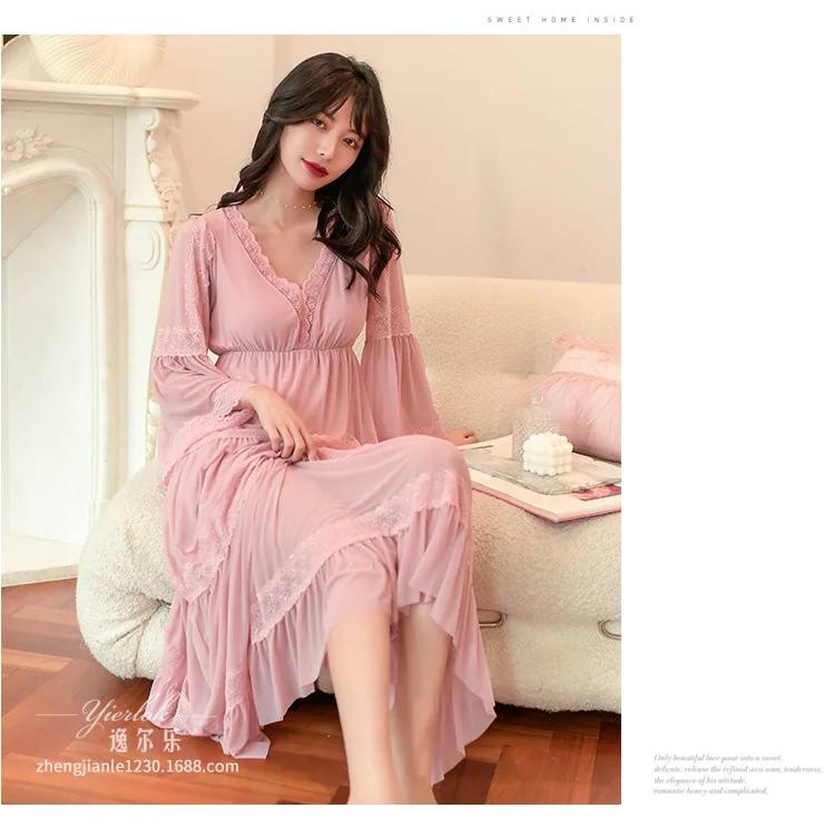 Modal Nightdress with Brassiere Women's Spring Summer Long Sleeve Net Gauze Sweet Princess Court Nightdress Lace Sexy Home Wear
