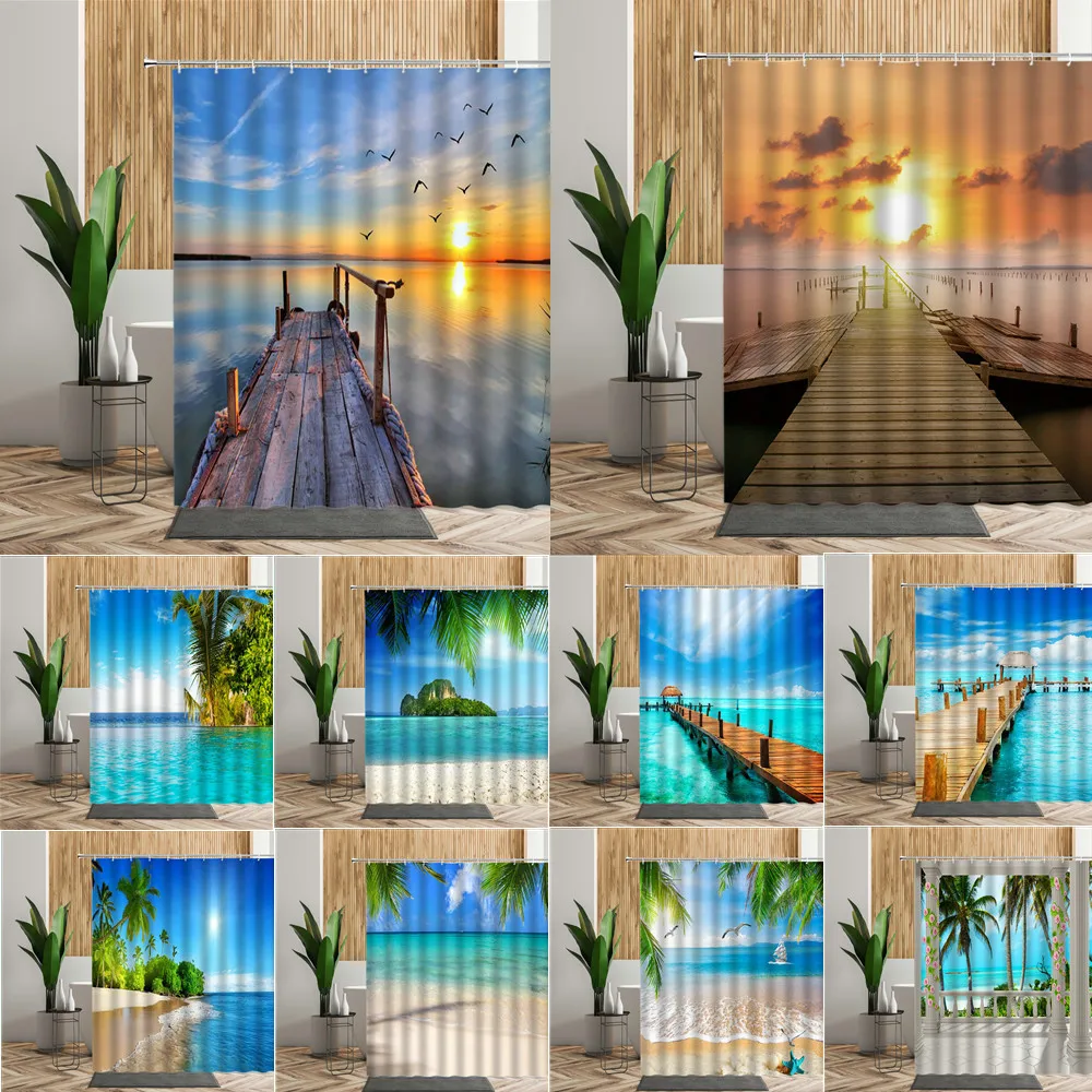 

Sea Beach Scenery Shower Curtain For Bathroom Decor Sunlight Ocean Green Coconut Bath Screen Sunset Backgdrop Fabric 3D Curtains