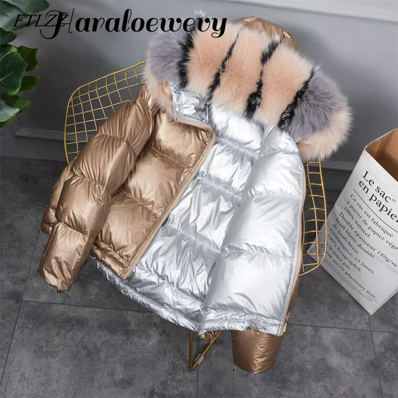 Новинка двухстороннее пуховое пальто золотого и серебряного цвета зимняя куртка