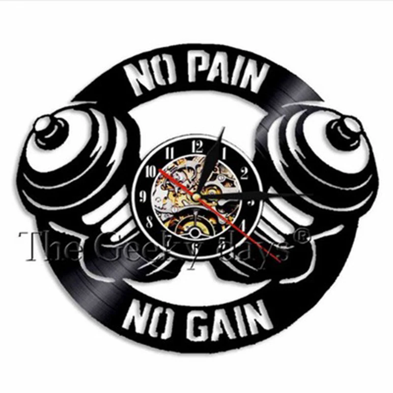 Vintage Vinyl Record Wall Clock Design No Pain Gain Gym Bodybuilding Fitness Sport Clocks Watch Bodybuilder Gift | Дом и сад