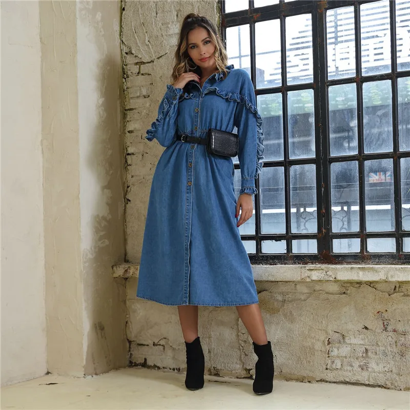 Для женщин Винтаж оборками платье Splite ТРАПЕЦИЕВИДНОЕ ПЛАТЬЕ из джинсовой ткани