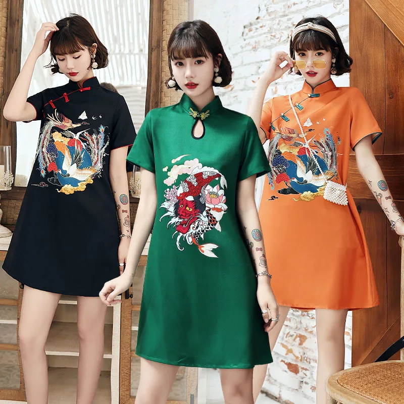 

Black Cheongsam Fashion girl retro loose and thin Chinese style dress casual short party Qipao Hanfu