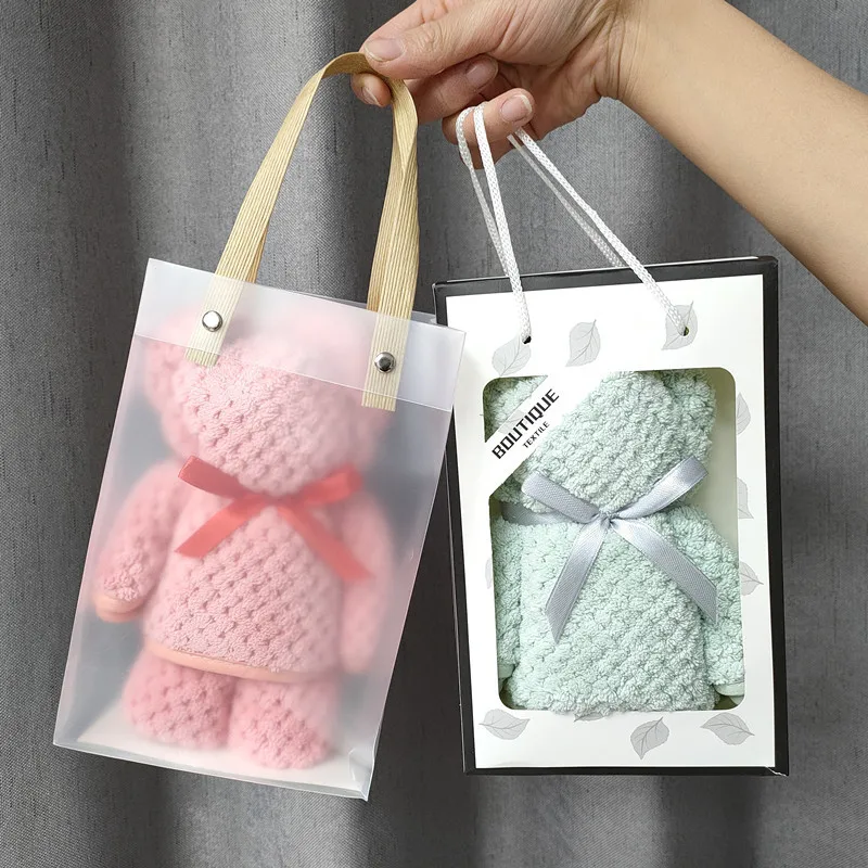 

Bear-Shaped Towel Warp-Knitted Coral Velvet Pineapple Grid Soft Absorbent Holiday Hand-Held Portable Towel With Frosted Bag