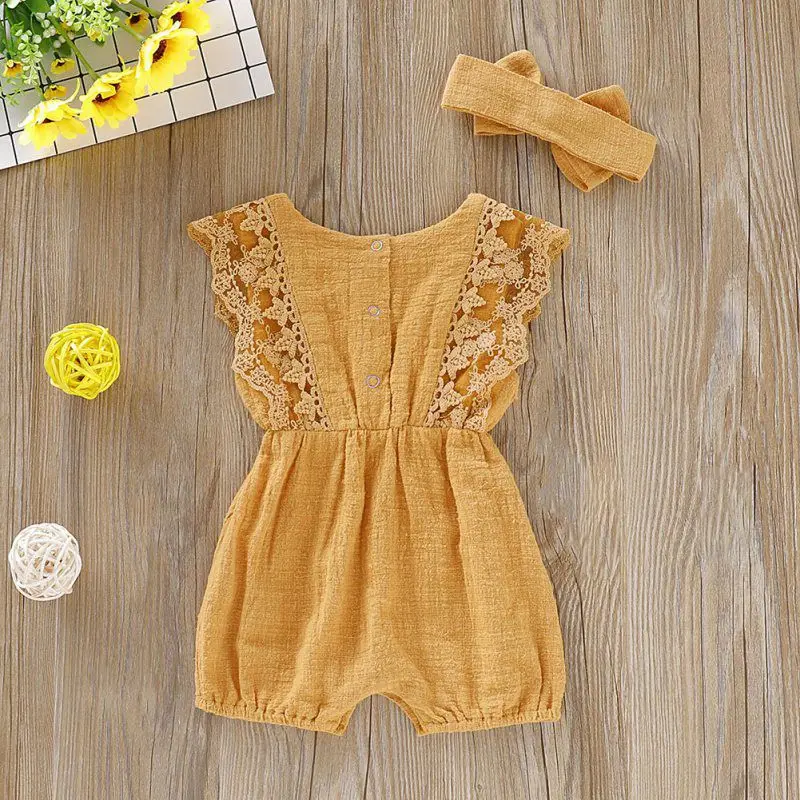 

2021 Newborn Baby Girls Rompers Flare Sleeve Solid Lace Baby Girls Clothing Summer Infant Jumpsuit with Headband Baby Clothes
