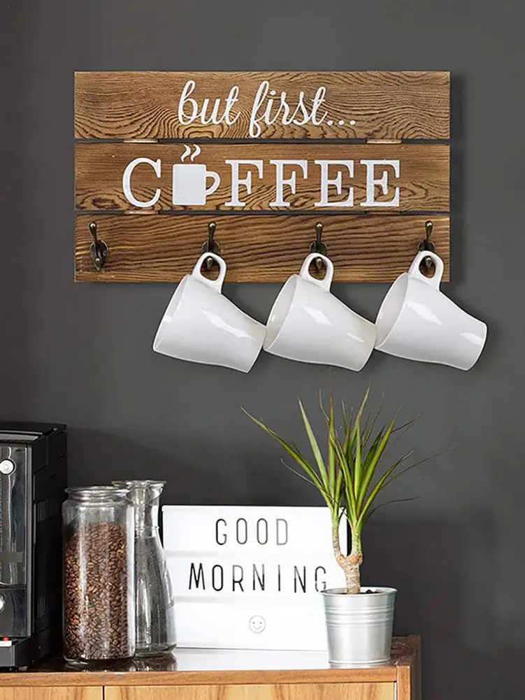 

New 5 Hooks Rustic Coffee Mug Holder Wall Mounted Wooden Cup Organizer Metal Under Shelf Mug Cup Cupboard Kitchen Decoration