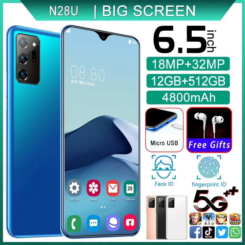 

6.5Inch 12GB RAM 512GB ROM Global Version N28U 13+32MP Andriod 5G 10 Cheap Smartphones 10 Core Really MTK6537 Dual SIM Cellphone