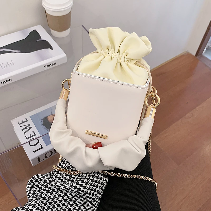 

fashion PU Leather Crossbody Bags For Women 2020 Box Shape Drawstring Sweet Shoulder Handbags Female Travel Chain Cross Body Bag