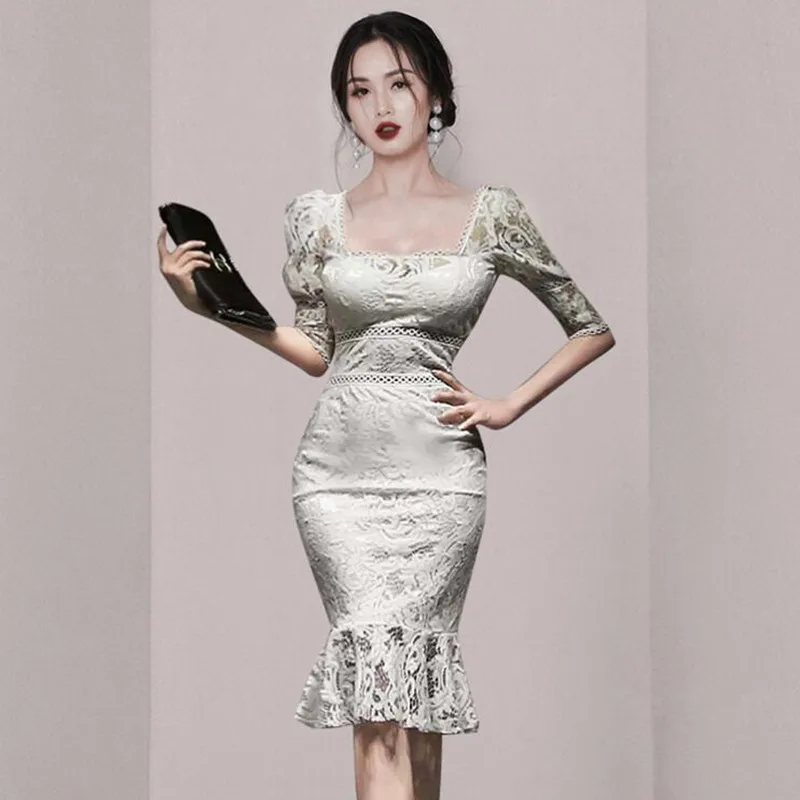 

Элегантные белые кружевные платья ZAWFL, женское летнее облегающее платье с пышными рукавами, женское корейское винтажное праздвечерние чное...