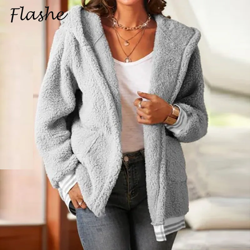 

2021 Winter Warm Jacket Coat Women Casual Fashion Long Sleeve Overcoat Fluffy Cozy Loose Outerwear Female Hoodies Coats