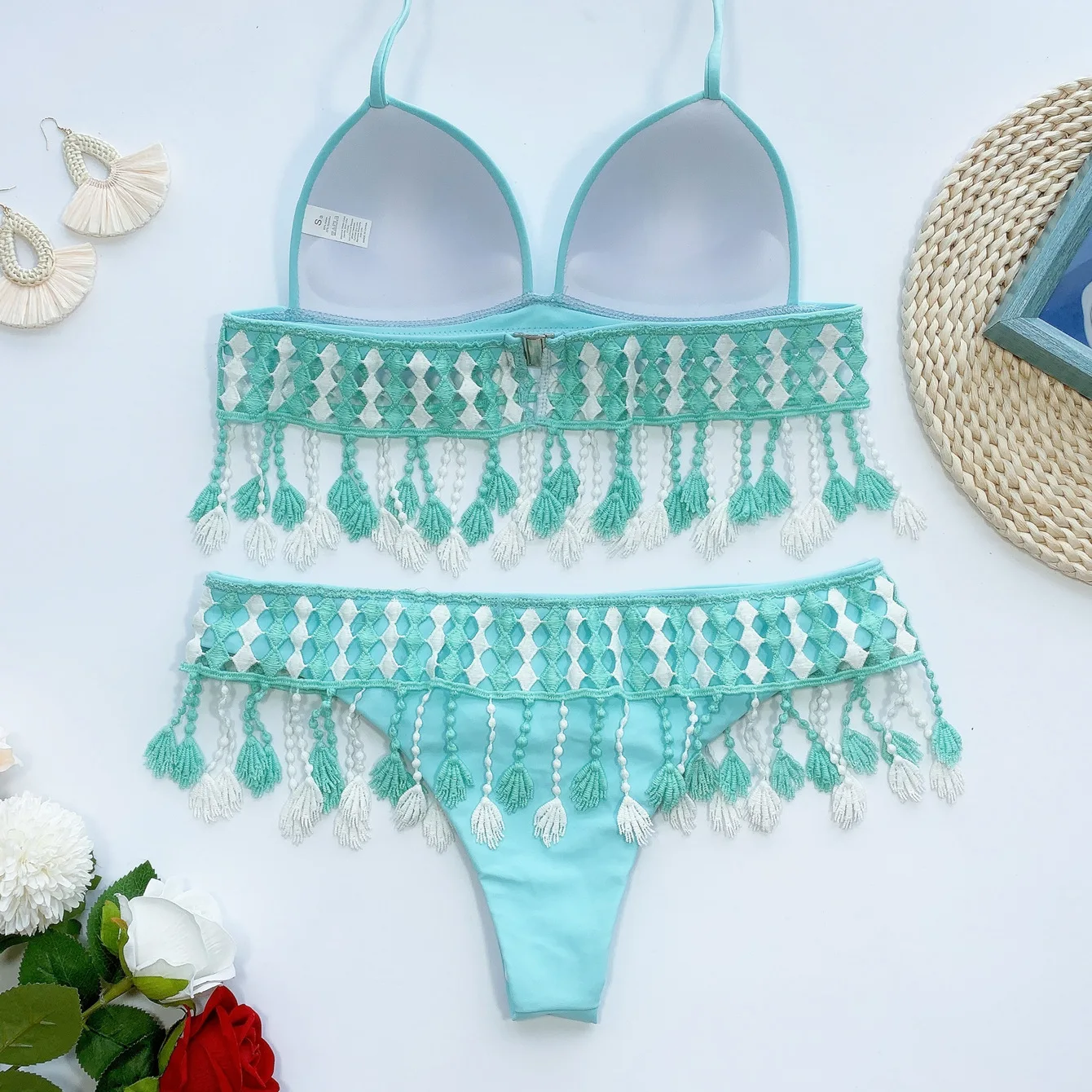 Женские однотонные бикини Плетеный Разделение Одежда для пляжа без рукавов с