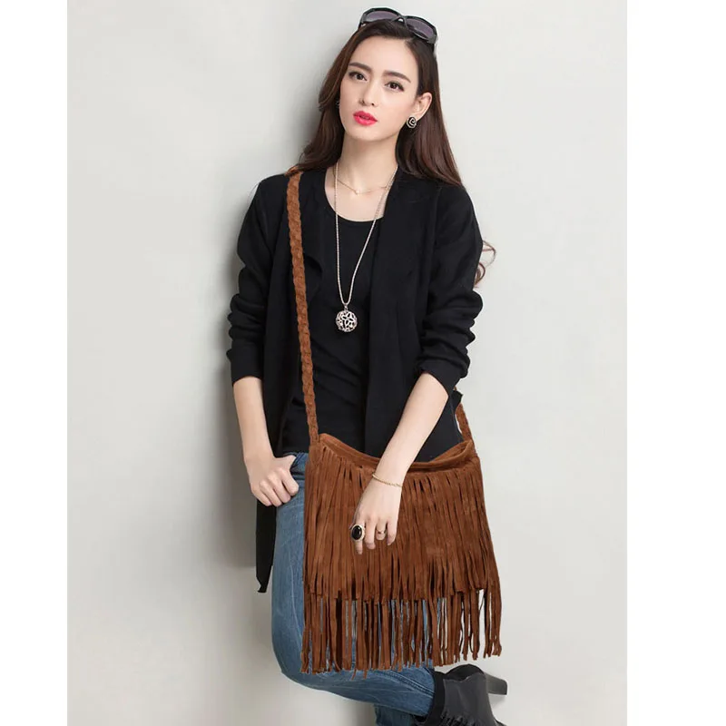 Женская Хиппи Бахрома Кисточкой из искусственной замши Наплечная Сумка Хобо