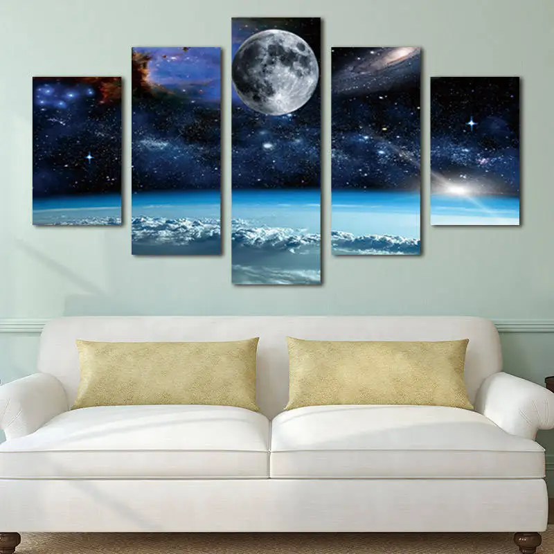 5 панели бескаркасные настенная живопись Печать холст Современная Космос Луна