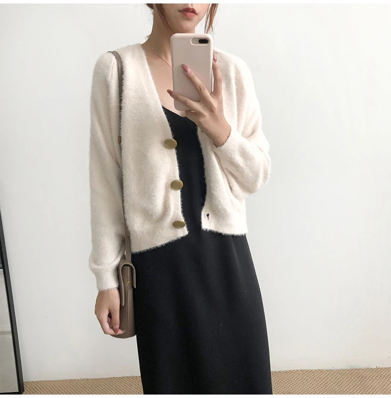 

2020 New Cardigans Knitted Single Button Long Sleeve Short Sweater Crop Top V-Neck Women Clothes for Spring