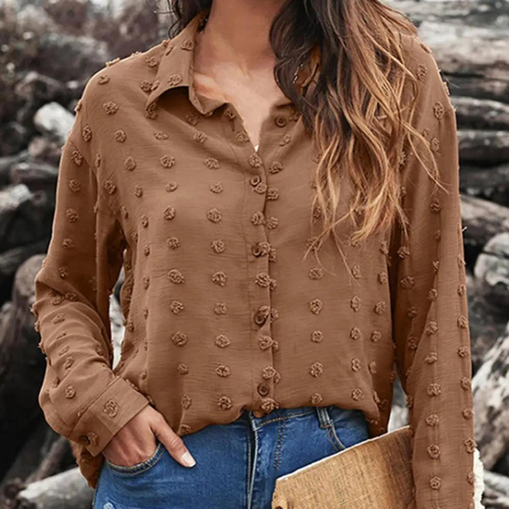 

Vintage Simple Casual Solid Color Turn-down Collar Women Shirt Dot Print Button Closure Long Sleeve Office Shirt Ladies Clothing