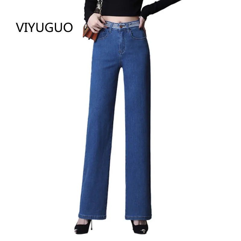 

Женские эластичные джинсы с высокой талией и широкими штанинами, повседневные брюки большого размера из хлопка, женские повседневные брюки...