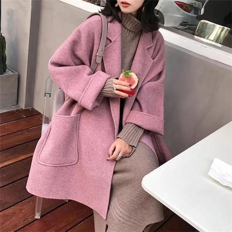 

2021 Stylish Chic Loose Women Blend Coats 2021 Winter Thicken Full Sleeve Pockets Female Outwear Midi Ladies Woolen Coat