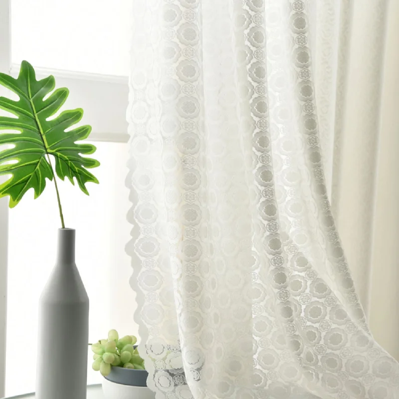 

White lace curtain lace jacquard tulle for living room balcony bedroom shading gray tulle Geometric round embroidery