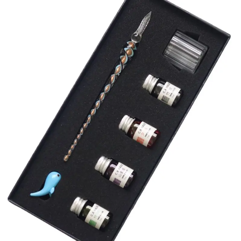 

W3JD 7PCS/SET Spiral Pattern Glass Pen Dip Writing Ink Crystal Signature Pens Set for School Decoration Gifts Art Supplies