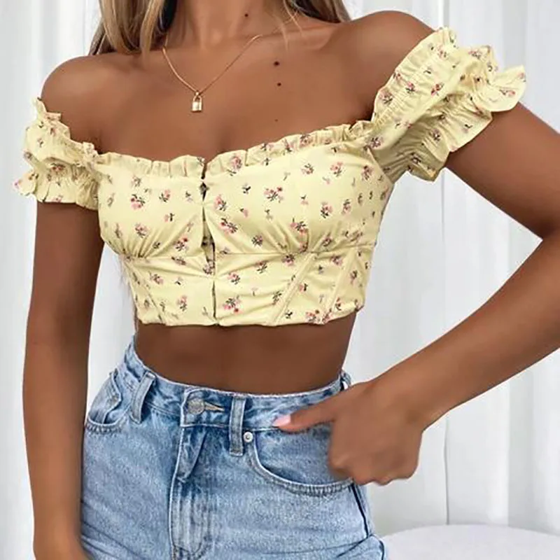 

Женские сексуальные элегантные укороченные топы с открытыми плечами, футболка с коротким рукавом и цветочным принтом с оборками и оборками...