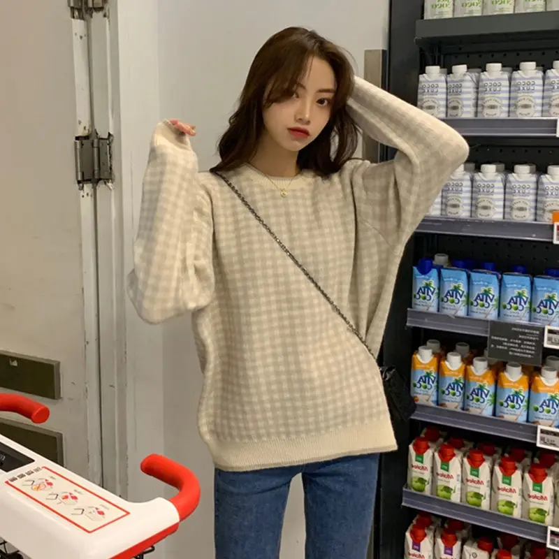 Пуловеры женские клетчатые вязаные свободные в стиле преппи с круглым вырезом