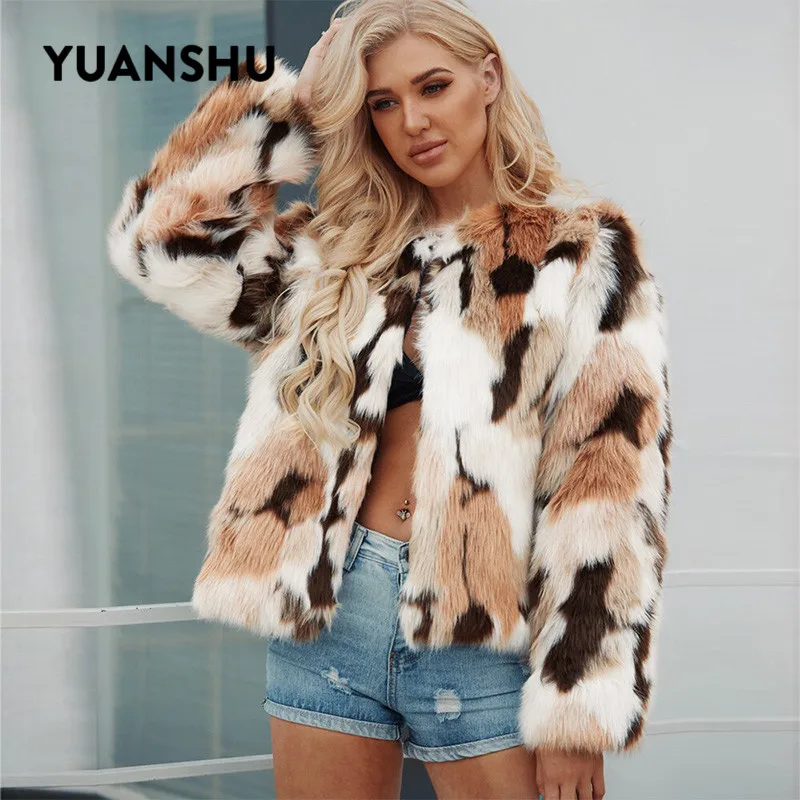 YUANSHU 2019 осенне зимнее пушистое пальто из искусственного меха женские теплые