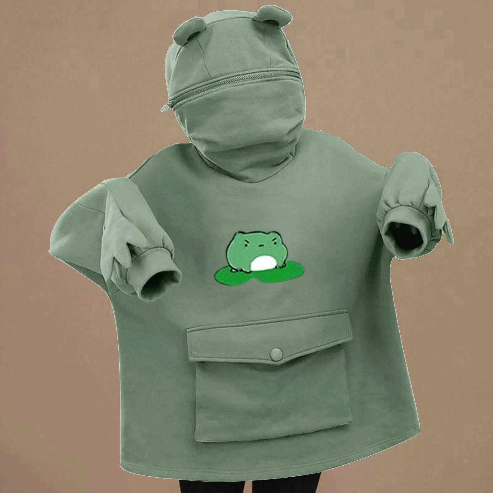 JAYCOSIN Women Sweetshirts Girls Hoodies Kawaii Clothes Zipper Mouth Hooded Pullover Sweatshirt With Large Pocket Korean Style