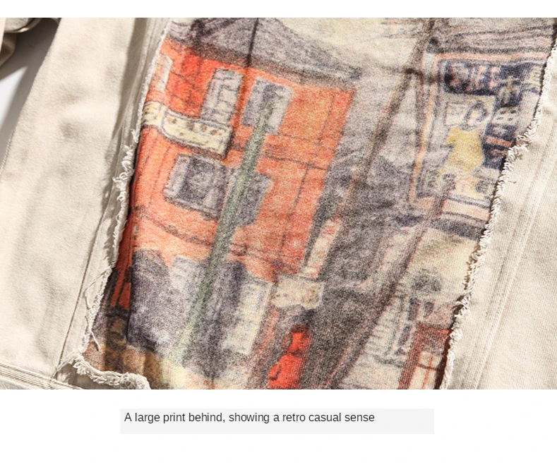 

Vintage Print Denim Jacket Men Clothing Safari Style Patchwork Hip Hop Casual Loose Jean Jackets Streetwear Outwear Coats