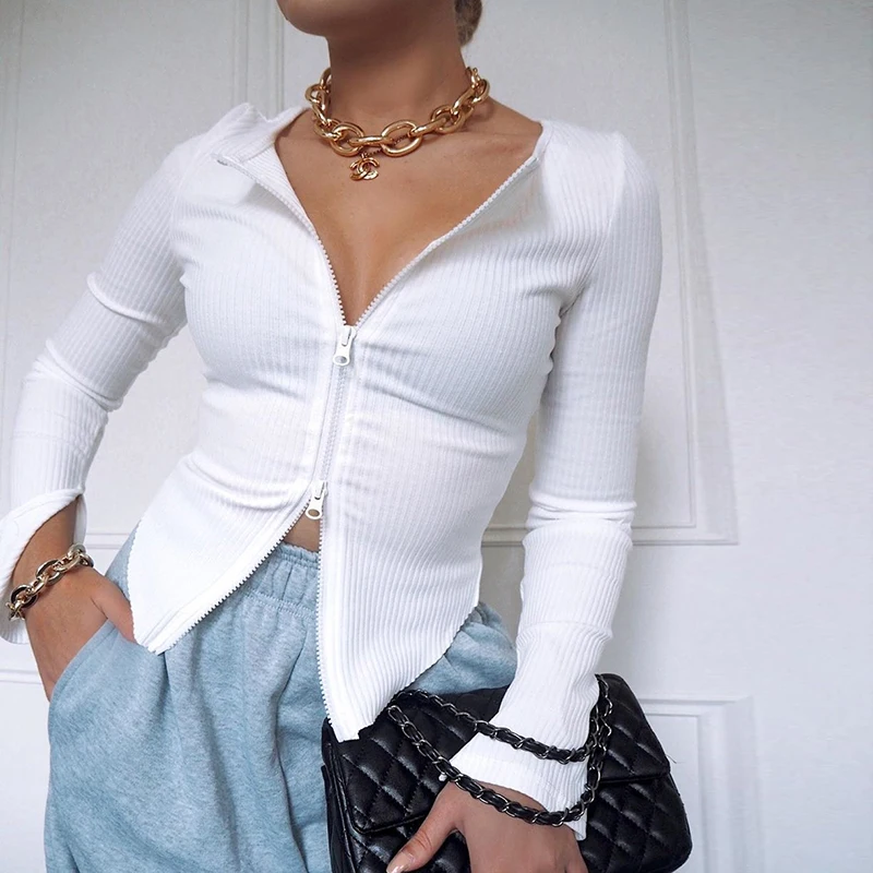 NewAsia White Sweater Women Sexy Double Zipper Cardigan Celebrity Wear Long Sleeve Split Cuff Short Knitted Tops Winter Clothes