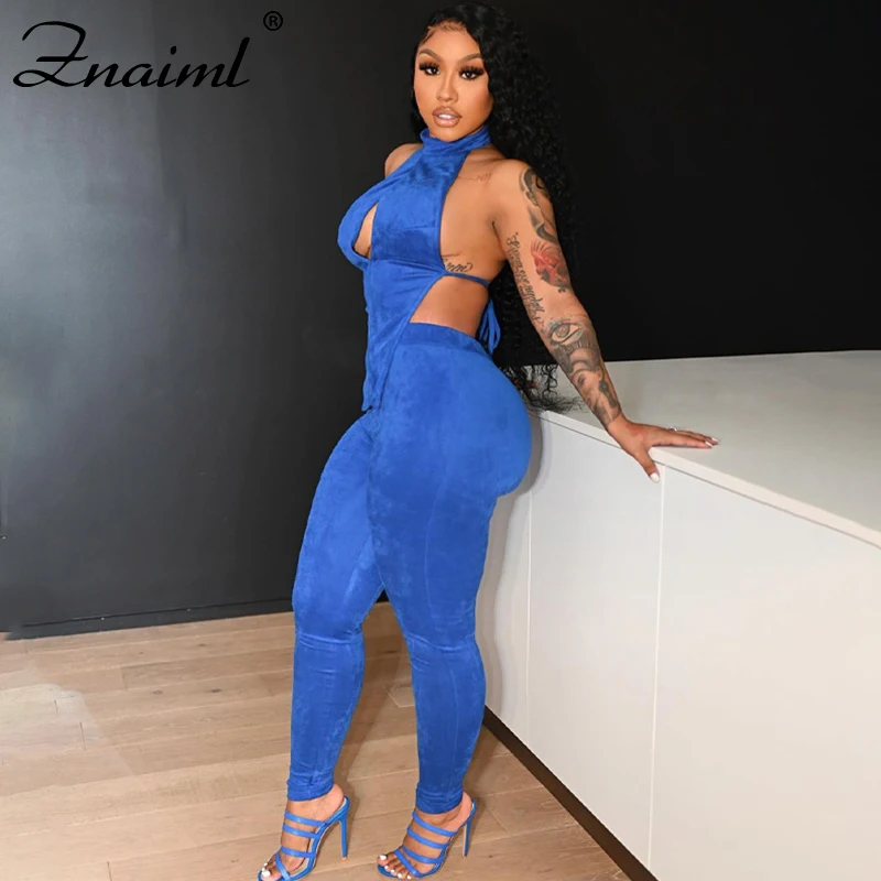 

Znaiml Summer Two Piece Set Women Halter Hole Sleeveless Backless Sexy Crop Top And Leggings Sexy Streetwear Tracksuit Outfit