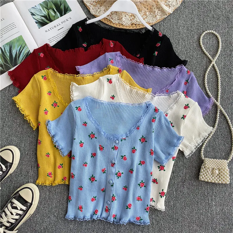 

Летний кружевной вязаный кардиган, винтажный эластичный кардиган с цветочным принтом и коротким рукавом, корейский уличный свитер с оборка...