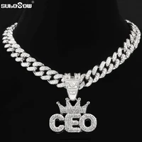 iced out full rhinestone crown ceo letter pendant necklace gold silver color cuban chain men women hiphop necklaces 2021 jewelry