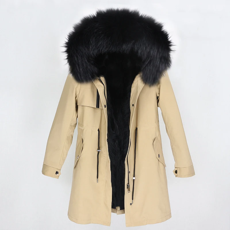 beige black OFTBUY, водонепроницаемая парка, пальто из натурального меха, зимняя куртка для женщин, натуральный мех енота, меховой воротник, Лисий мех, подкладка, теплая Толстая Уличная верхняя одежда - Цвет: beige black