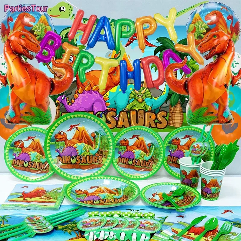 Dino Party Disposable Tableware Happy Brithday Banner Balloons Paper Straws Candy Bags Boy Jungle Dinosaur Birthday Party Decor