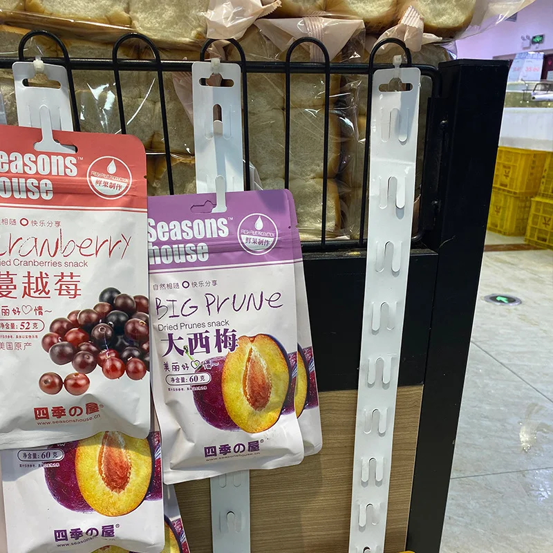 

Plastic Merchandise Clear Display Hooks Strips With Clips Transparent Snack Hanging Commodity Promotion Retail Storage Strip
