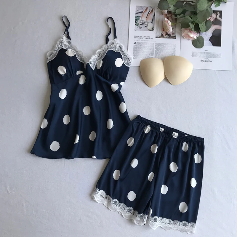 Женская пижама в горошек шелковая атласная летняя Пижама с v-образным вырезом