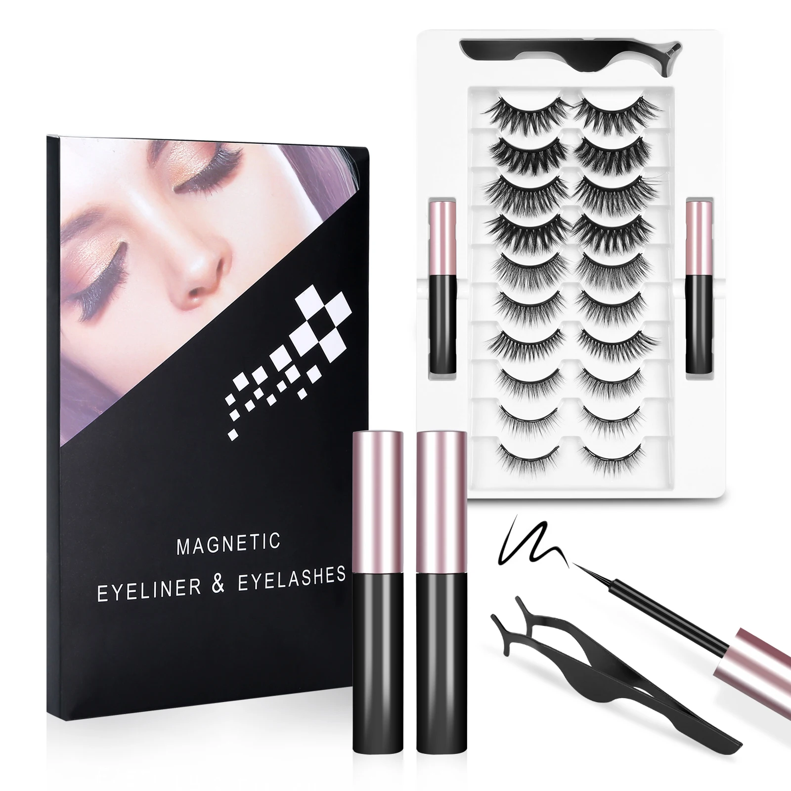 10 Pairs Magnetic Eyelashes 2pcs Eyeliner, 3D False Eyelashes, With Tweezers, Magnetic Eyeliner & Magnetic Eyelash Kit for Women