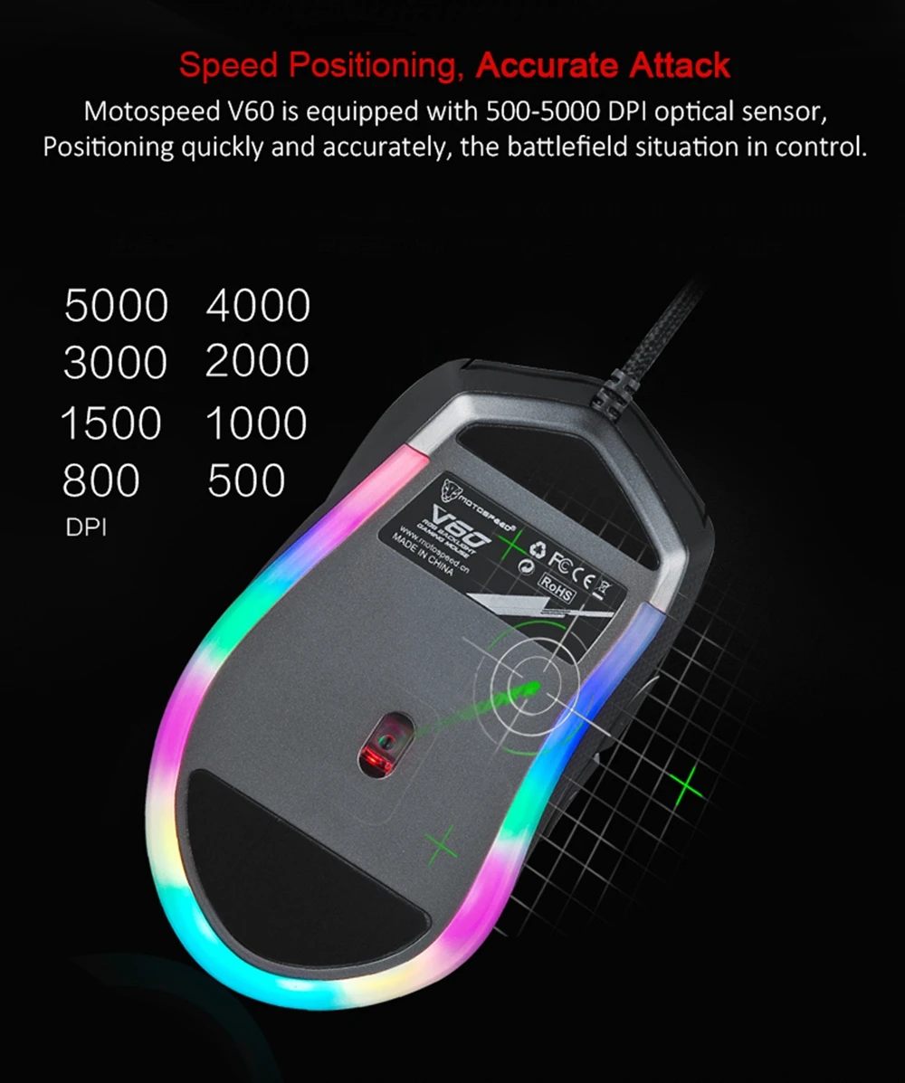 Motospeed V60 Проводная игровая мышь USB 7 кнопок 5000 DPI светодиодсветодиодный оптическая