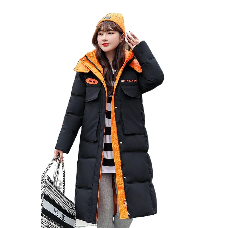 

Winter Color-blocking Women Long Letter Print Jacket Hooded Thick Casual Pocket Down Cotton Parka Coat Plus Size Student Outwear