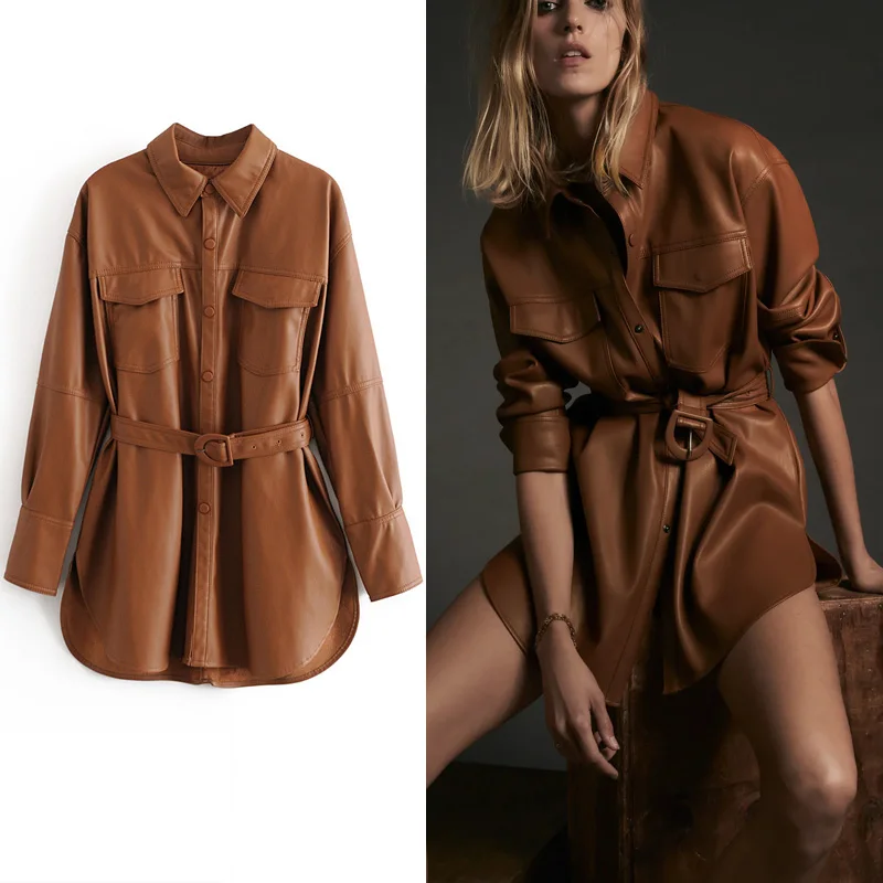 

Za Faux Leather Belt Jacket Women Chic Front Snap Button Autumn Long Pu Leather Jackets Female Plus Size Leatherette Coat Tops