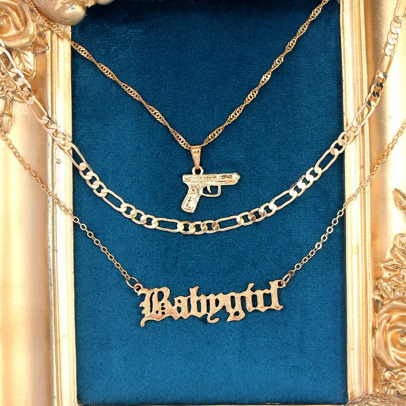 

Punk Vintage Pistol Gun Babygirl Letter Pendant Neck Necklace For Women Multilayer Gold Color Link Chain Necklace New Jewelry