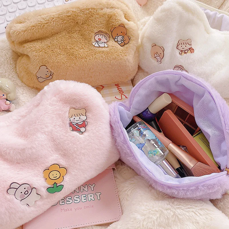 

Plush Cosmetic Bag Korea Student School Pencil Case Girls Large Capacity Storage Bag Women Travel Makeup Pouch Holder Girls Gift
