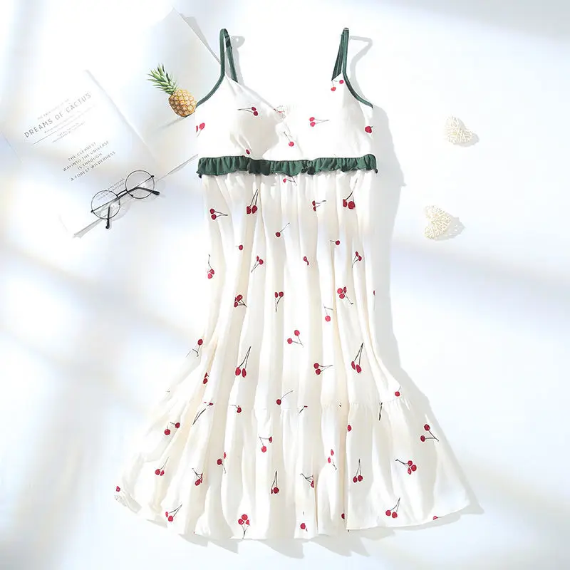 Pajamas Female Summer Sling Three Sets with Chest Pad Knitted Cotton Suit Large Size Fat 200 Pounds Polyester and Cottonhomewear