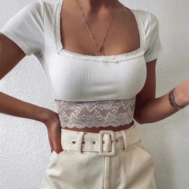 

Women Square Neck Fitted T-shirt With Lace Trim Short Sleeved Crop Top