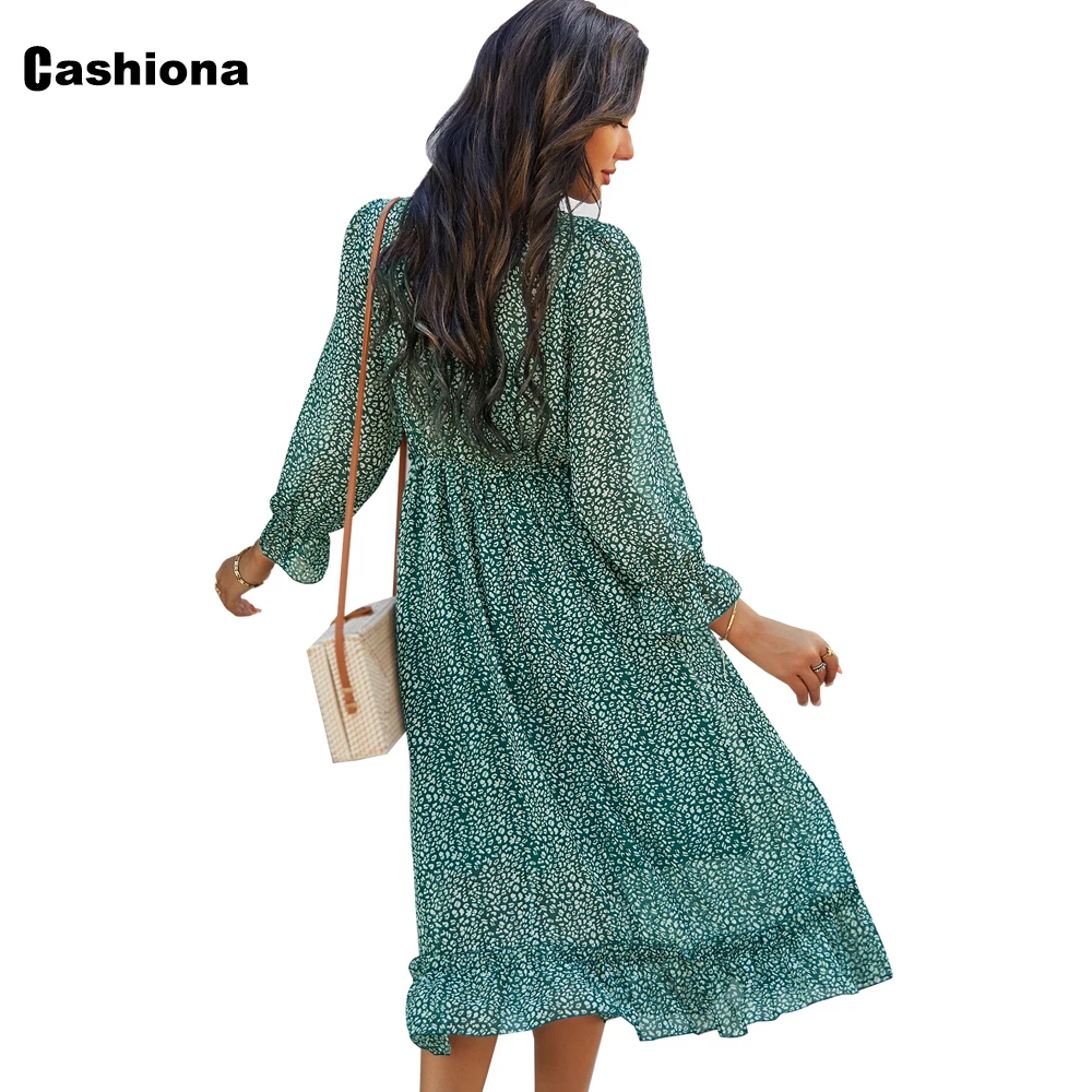 

2021 Summer Women Mid-Calf Dress Sexy V-neck Bohemian Flower Print Chiffon Dresses Femme Vintage A-line Dress Ladies Clothing