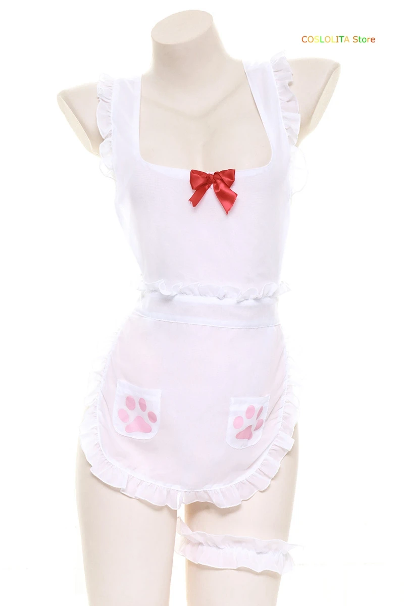 

Sexy Women Maid Apron pajamas Cute Cat Claw Print Maid Outfit Nightdress Japanese Ruffle Cross Bandage Sukumizu Swimwear Cosplay