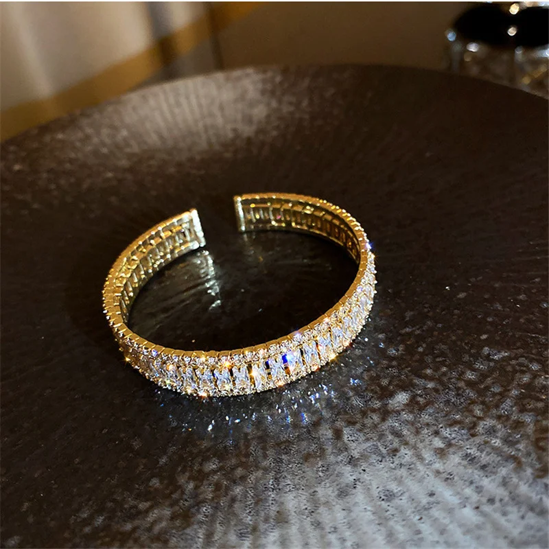 

FYUAN Golden Zircon Crystal Cuff Bracelet For Women Geometric Rhinestonel Bracelets & Bangles Weddings Jewelry